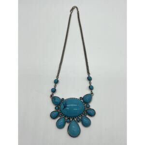 Turquoise Stone & Silver Tone Pendant Western Fashion Costume Jewelry Necklace